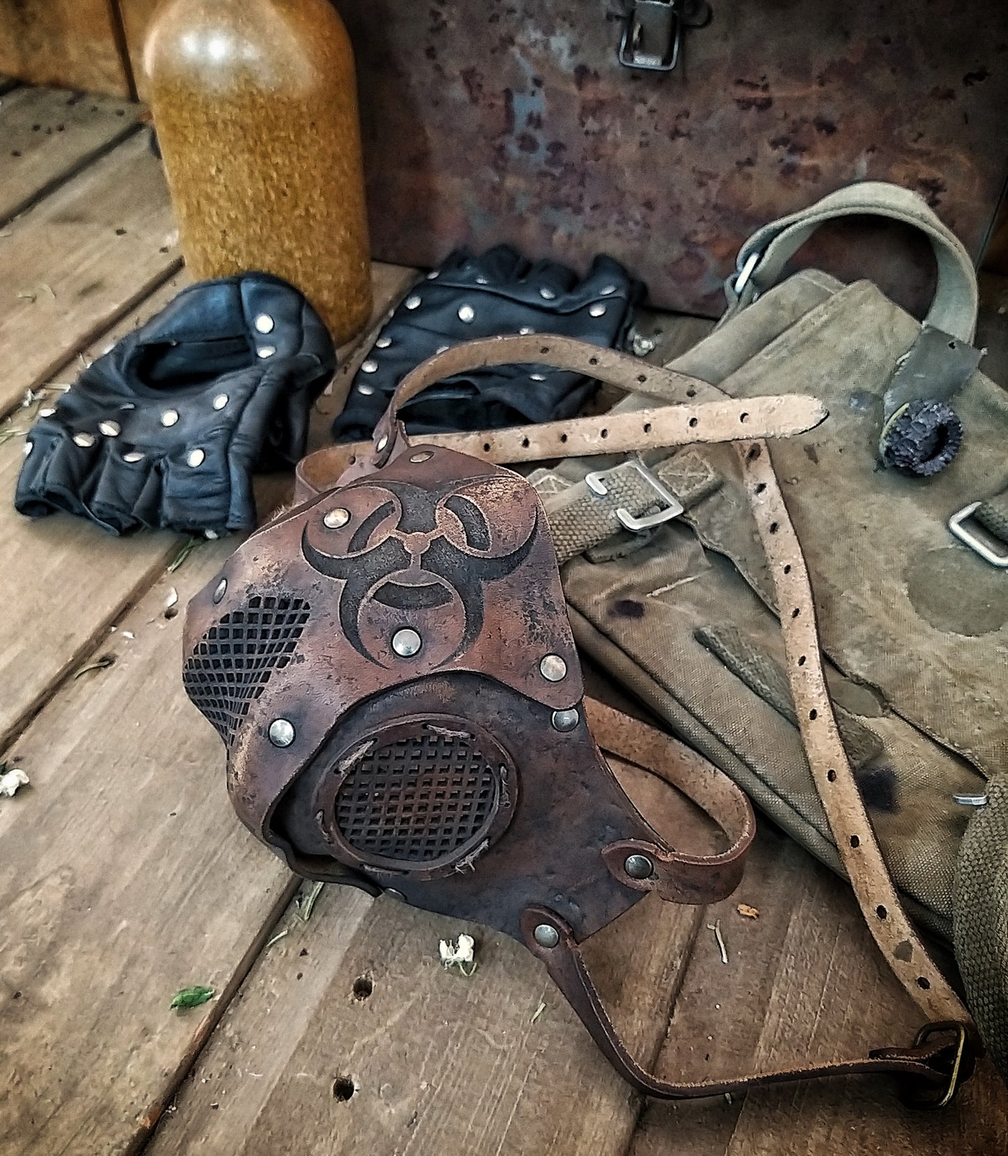 Leather Face Mask with filter pocket Biohazard sign Post Apocalyptic mask for use with disposable face masks Paper towel or filter