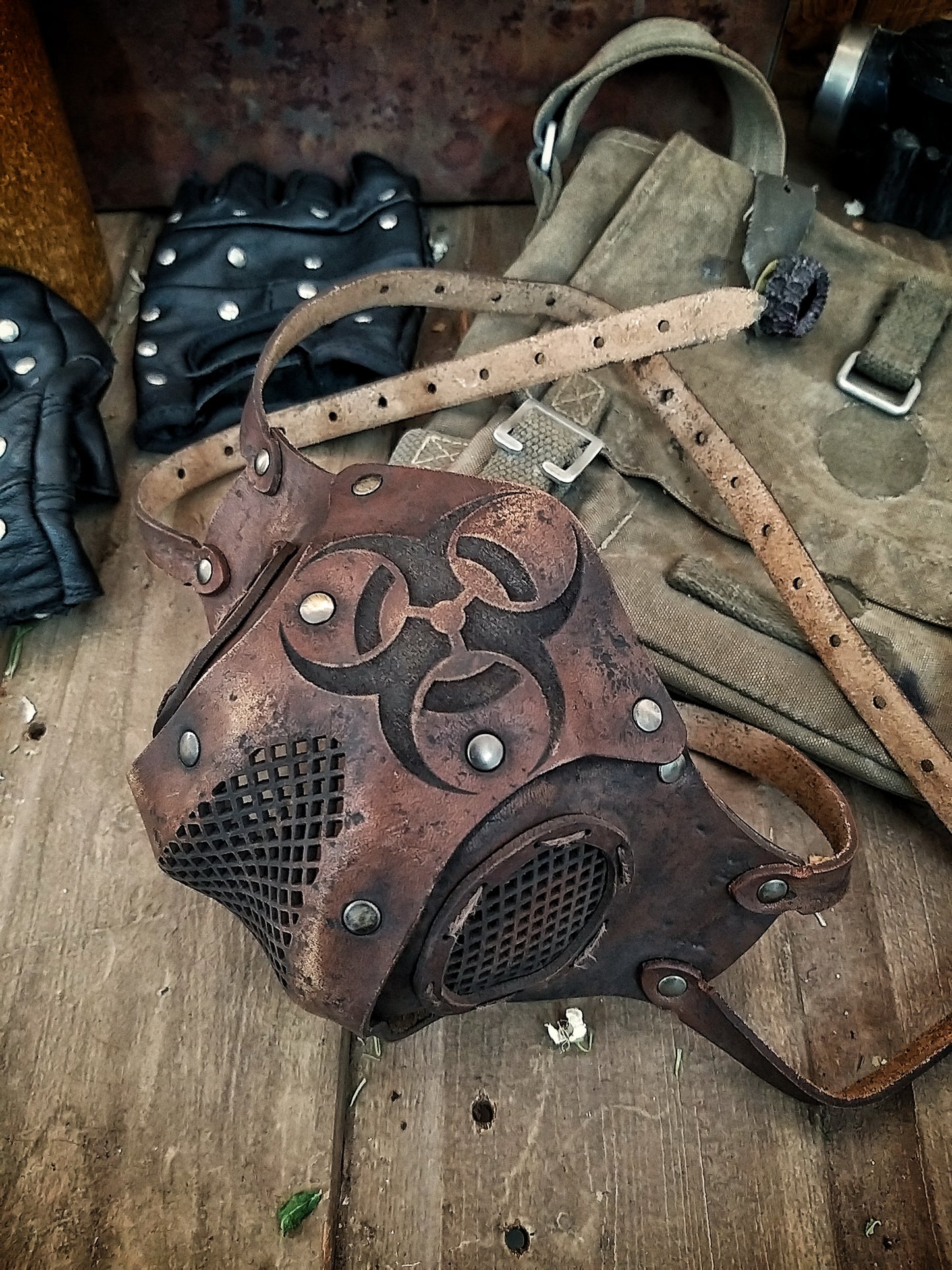 Leather Face Mask with filter pocket Biohazard sign Post Apocalyptic mask for use with disposable face masks Paper towel or filter