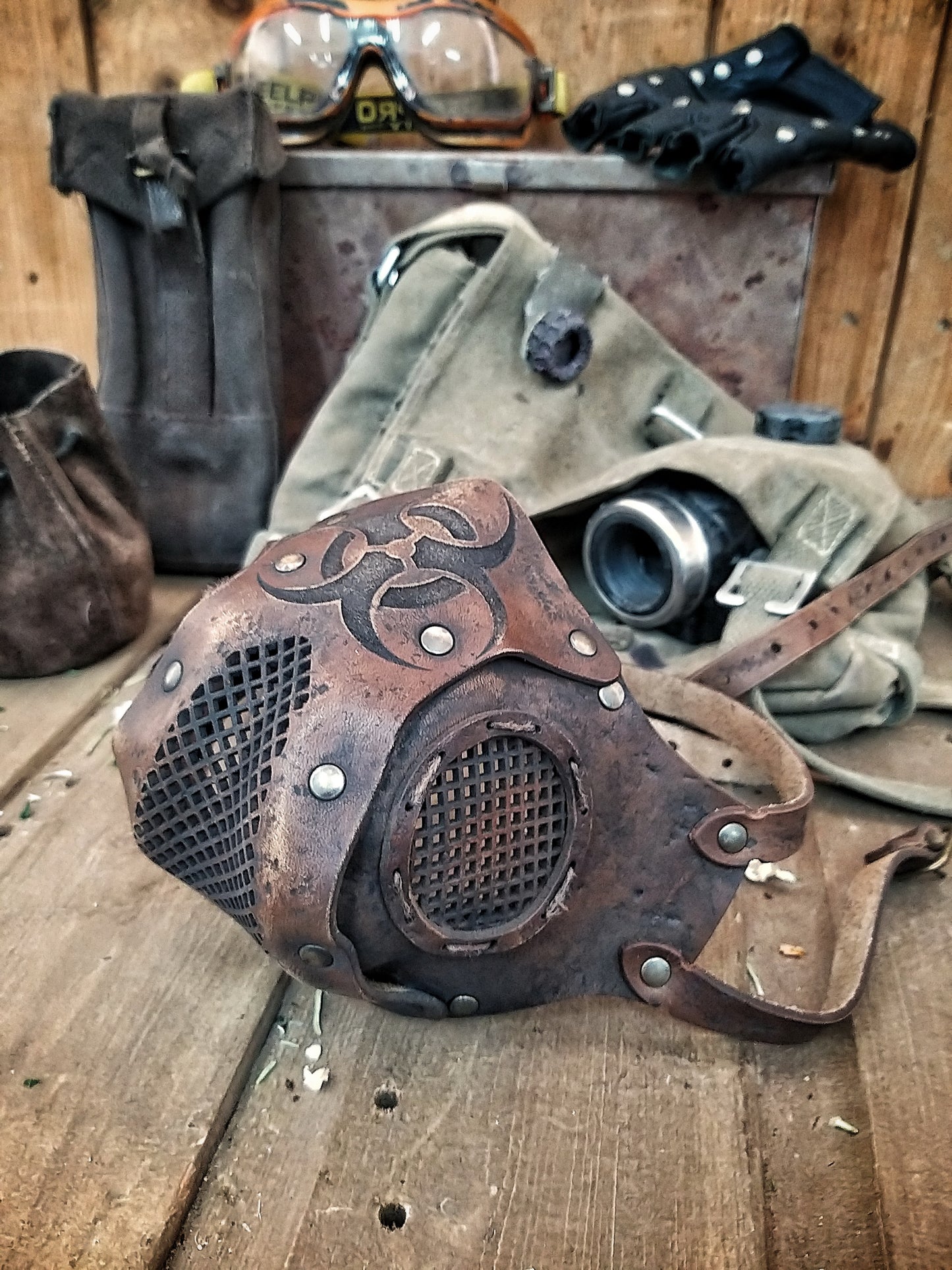 Leather Face Mask with filter pocket Biohazard sign Post Apocalyptic mask for use with disposable face masks Paper towel or filter