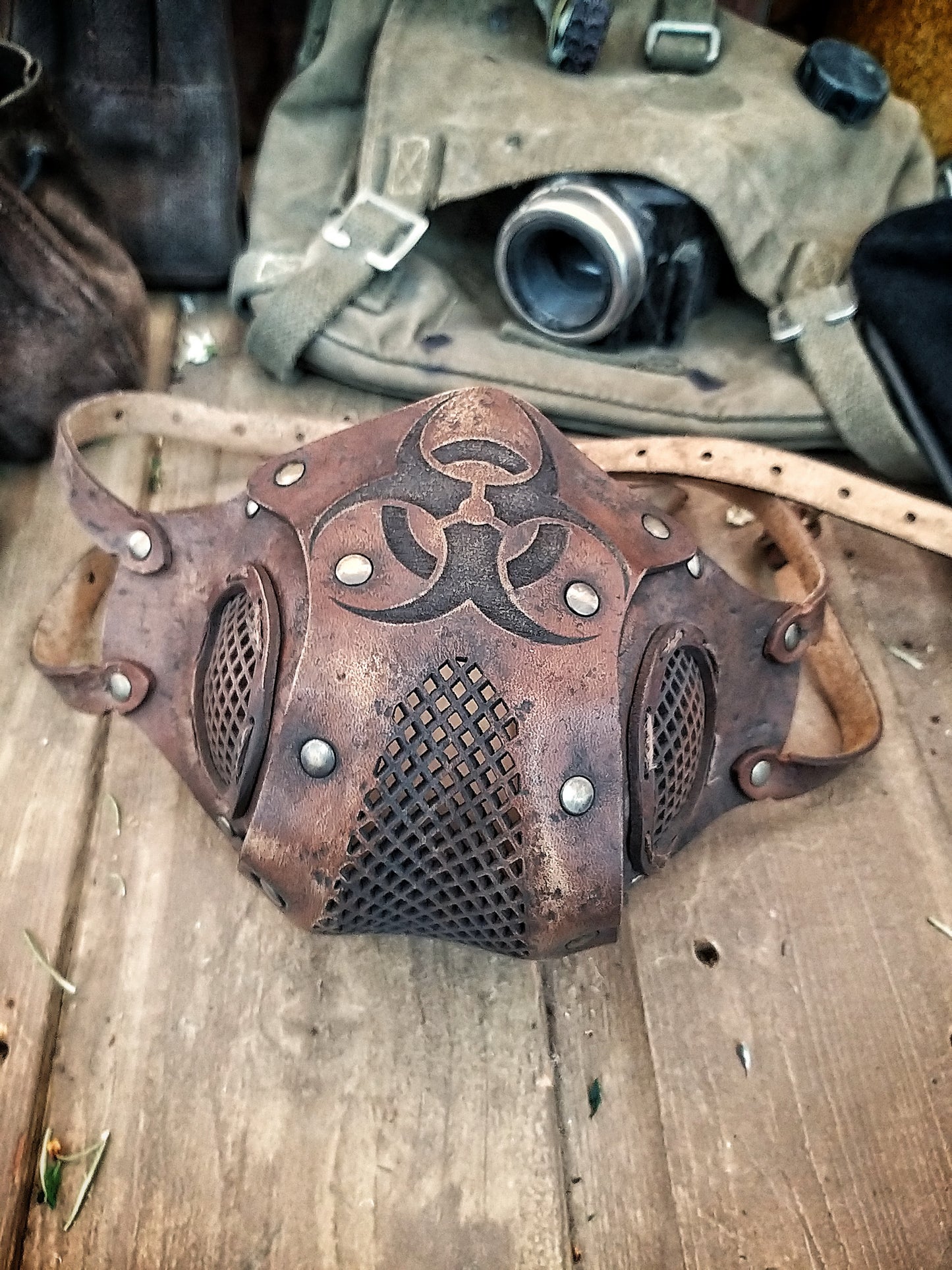Leather Face Mask with filter pocket Biohazard sign Post Apocalyptic mask for use with disposable face masks Paper towel or filter