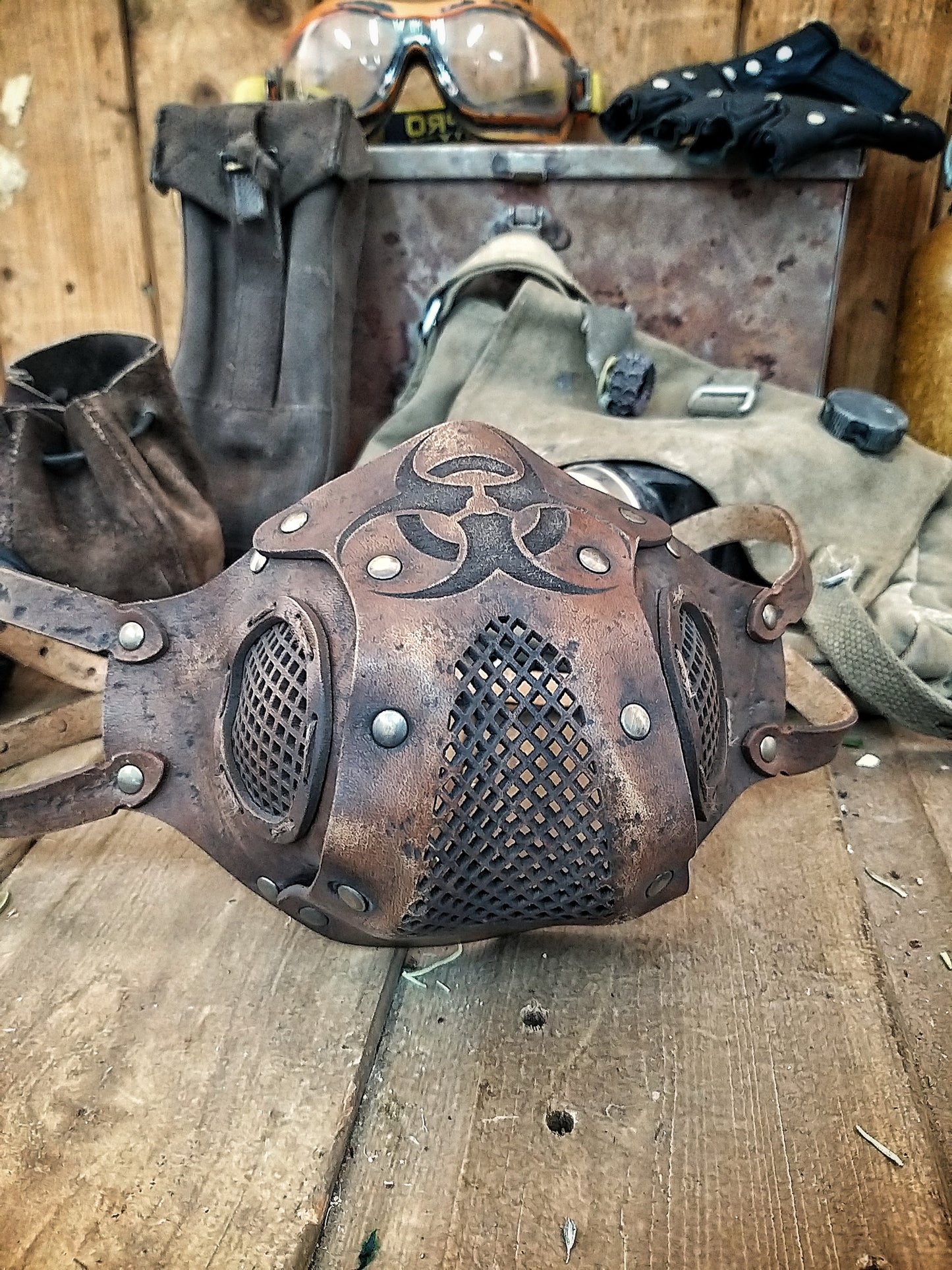 Leather Face Mask with filter pocket Biohazard sign Post Apocalyptic mask for use with disposable face masks Paper towel or filter