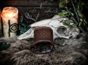 Aegishjalmur Leather Wristband, Galdrastafir Viking Cuff, Ægishjálmr Icelandic rune Helm of Awe leather embossed bracelet, LARP, cosplay