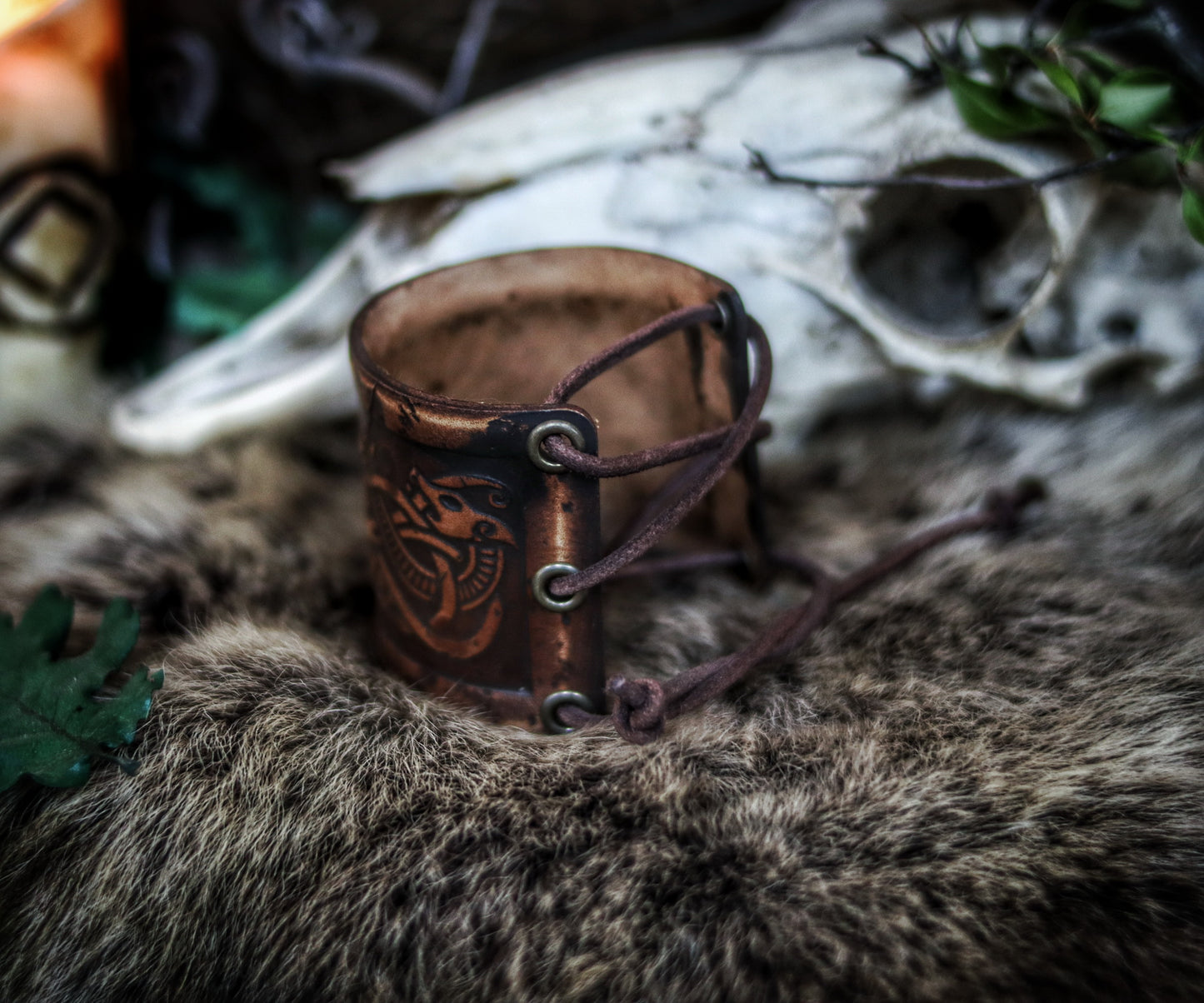 Dragon Knot Leather Wristband Old Norse Viking knot leather embossed bracer, LARP, cosplay and Fantasy