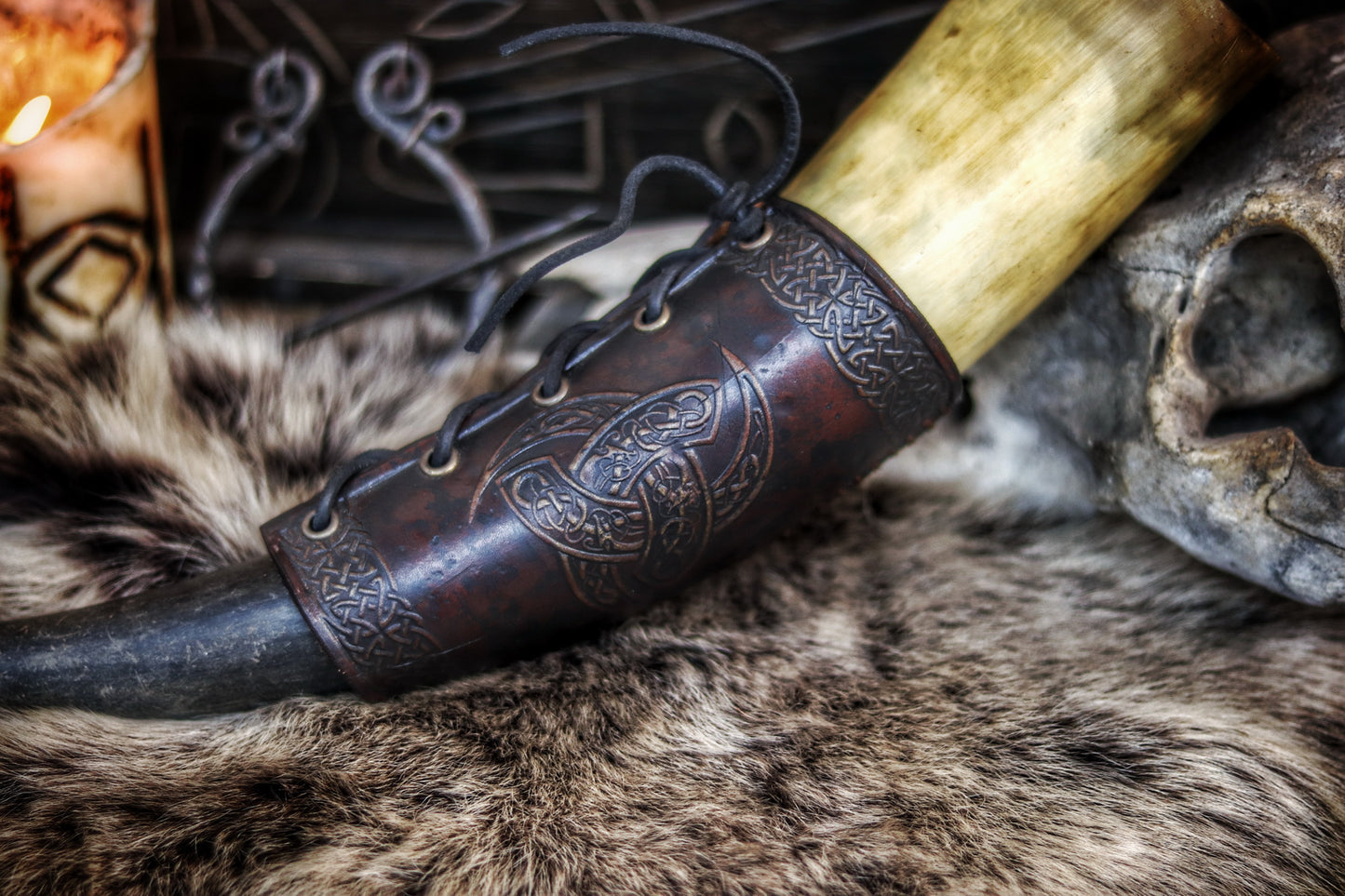 Odin Horns holder, viking horn holder made of leather belt horn holder