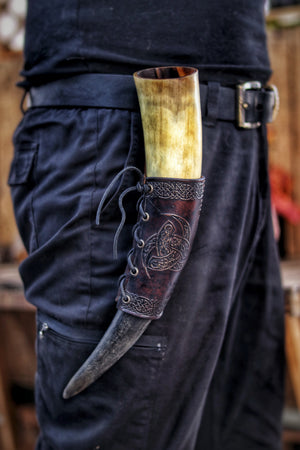 Odin Horns holder, viking horn holder made of leather belt horn holder