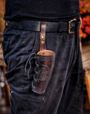 Odin Horns holder, viking horn holder made of leather belt horn holder