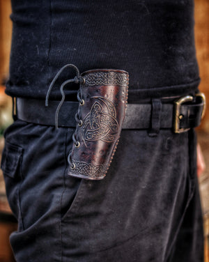 Odin Horns holder, viking horn holder made of leather belt horn holder