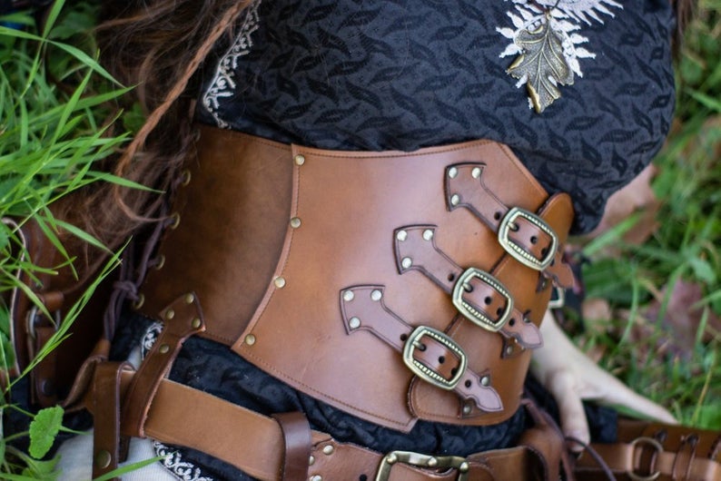 Leather Corset underbust - Steampunk larp burning man armor Witch. Brown Waist Cincher. Renfair underbust. Alchemist corset.