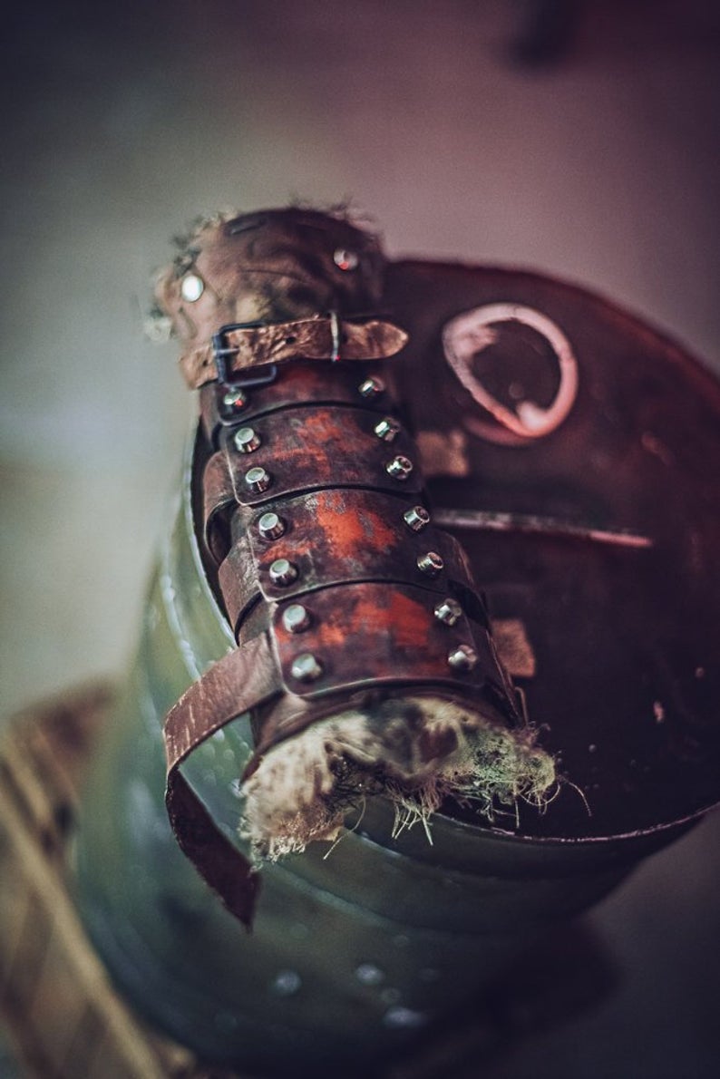 Dystopian Leather & Steel Bracer: Post-Apocalyptic Arm Guard for Wasteland Cosplay and LARP