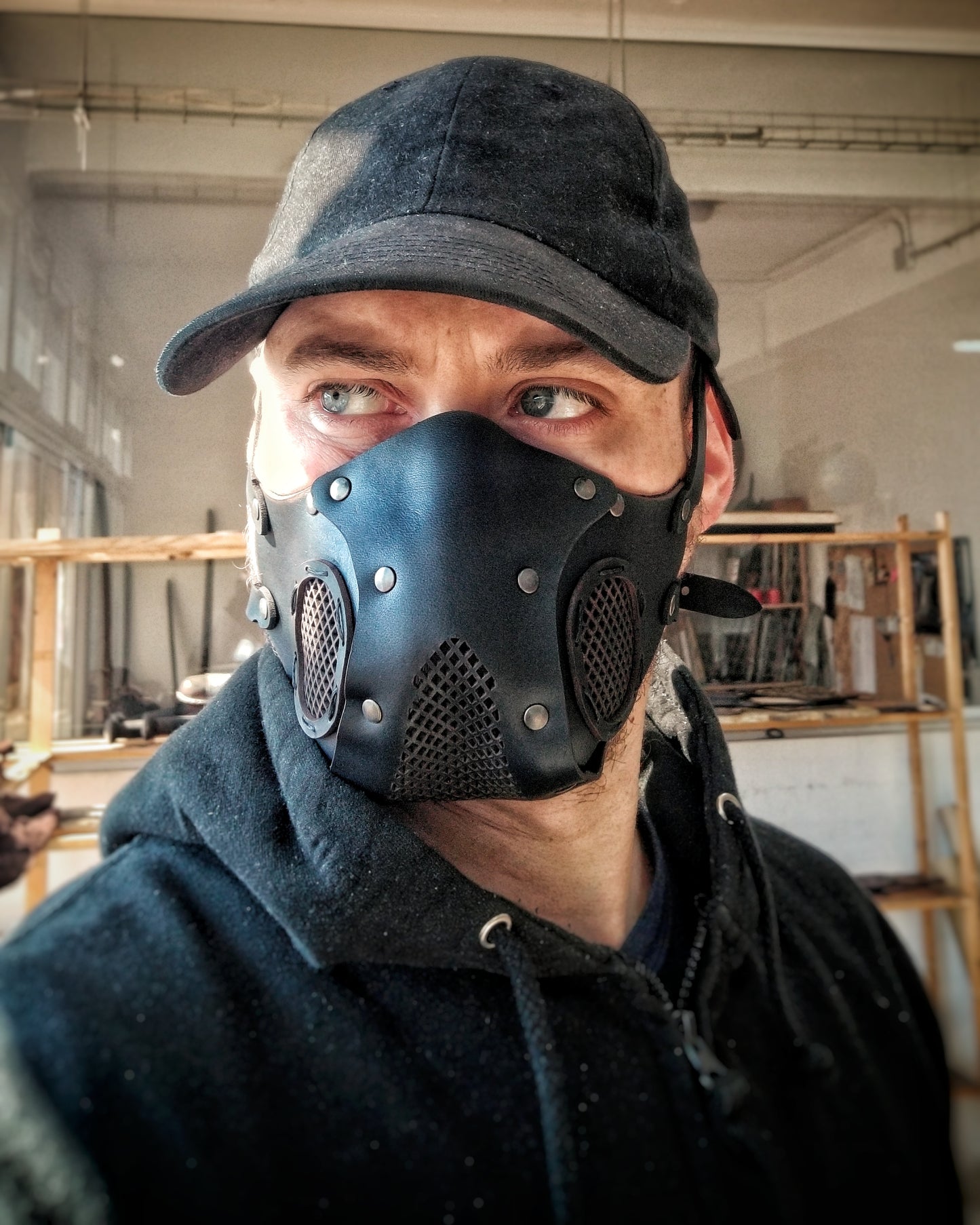 Leather Face Mask with filter pocket ready for use with disposable face masks, Paper towel or filter changeable insert washable mask. Wasteland Face Mask Respirator.