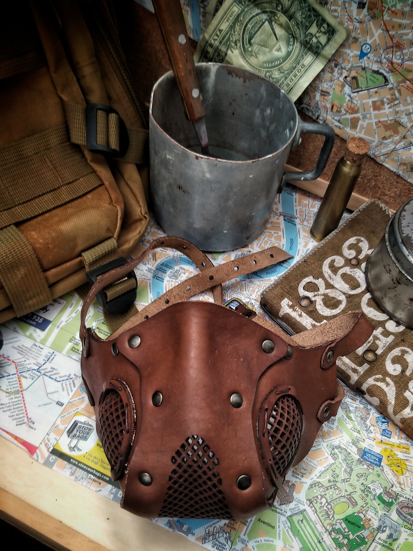 Leather Face Mask with filter pocket ready for use with disposable face masks, Paper towel or filter changeable insert washable mask. Wasteland Face Mask Respirator.
