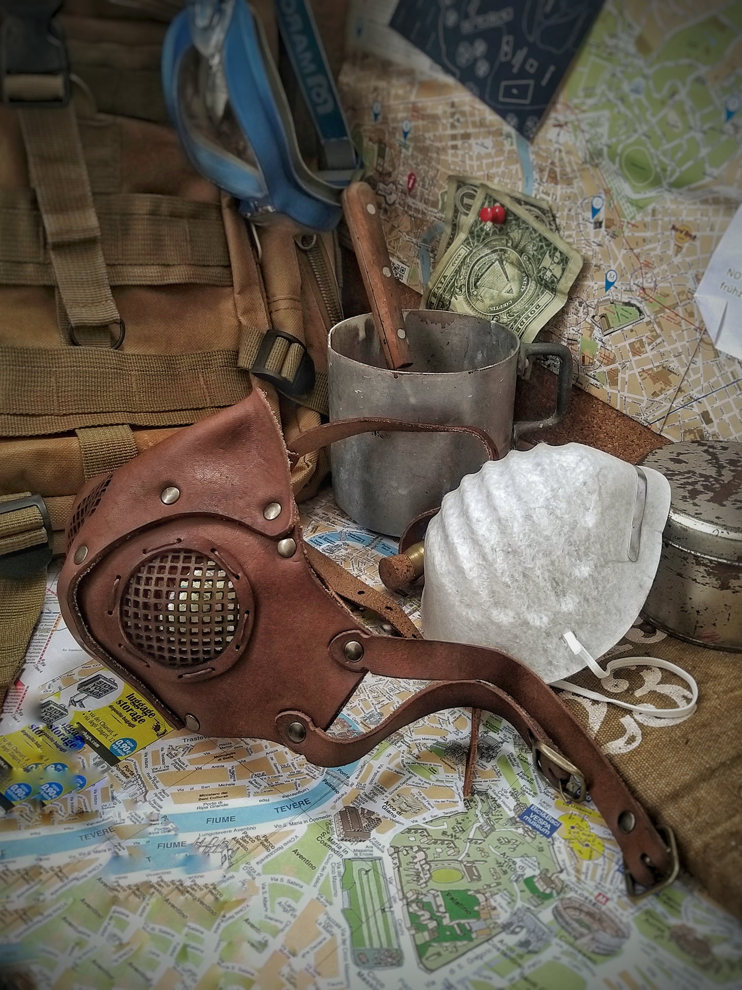Leather Face Mask with filter pocket ready for use with disposable face masks, Paper towel or filter changeable insert washable mask. Wasteland Face Mask Respirator.