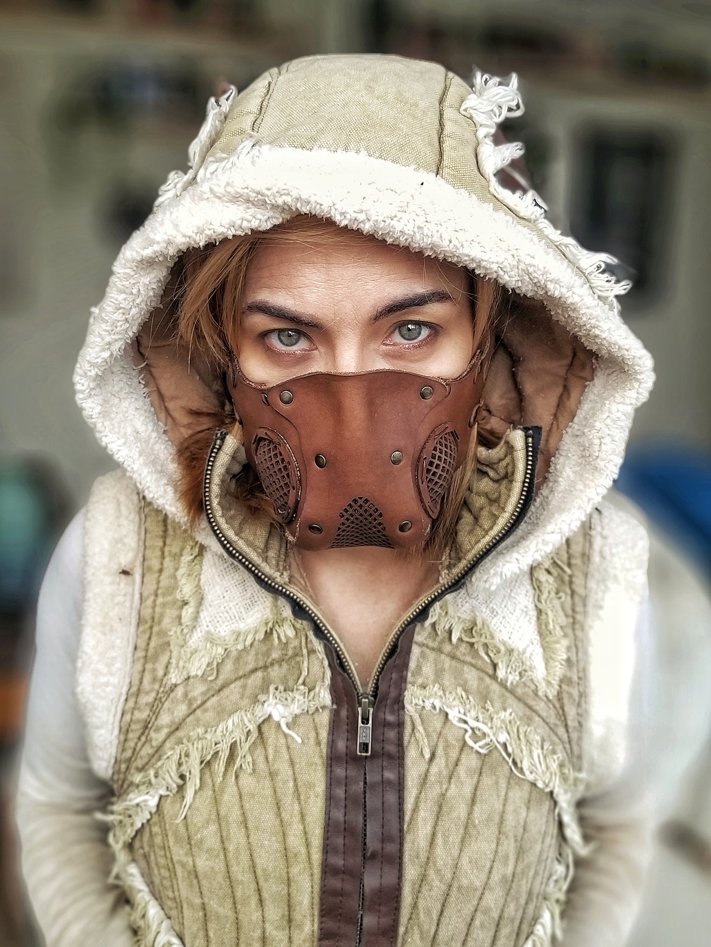 Leather Face Mask with filter pocket ready for use with disposable face masks, Paper towel or filter changeable insert washable mask. Wasteland Face Mask Respirator.