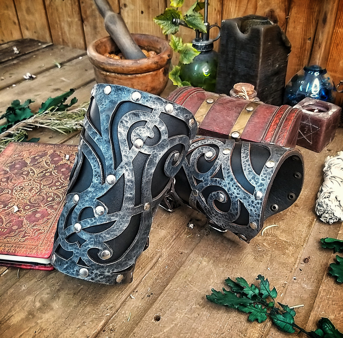 Dark Wizard bracers for larp costume and wizardry cosplay leather witchcraft handmade witcher armour, pair of bracers