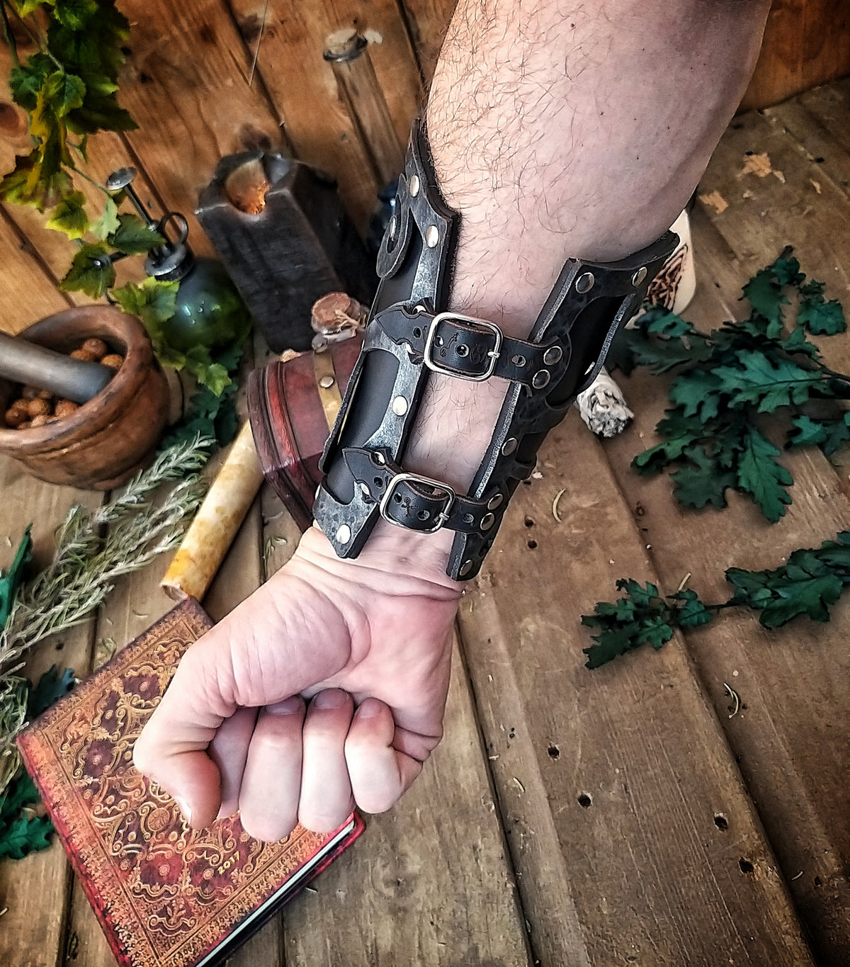 Dark Wizard bracers for larp costume and wizardry cosplay leather witchcraft handmade witcher armour, pair of bracers