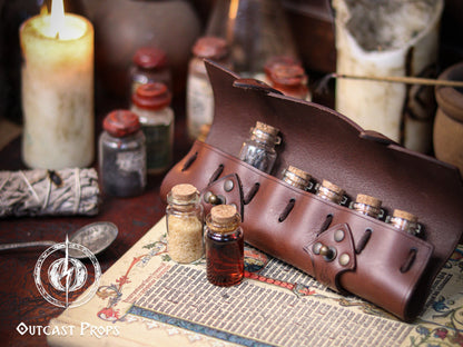 6 Small Potion leather case, vertical belt kit for LARP, Cosplay and Costume. Easily Carry six strong cristal bottle with cork