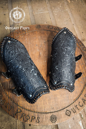 Viking Leather Bracers with Norse Knot Engraving for LARP Cosplay Medieval Fantasy Roleplay Handmade Armor Custom Gear for Men or Women