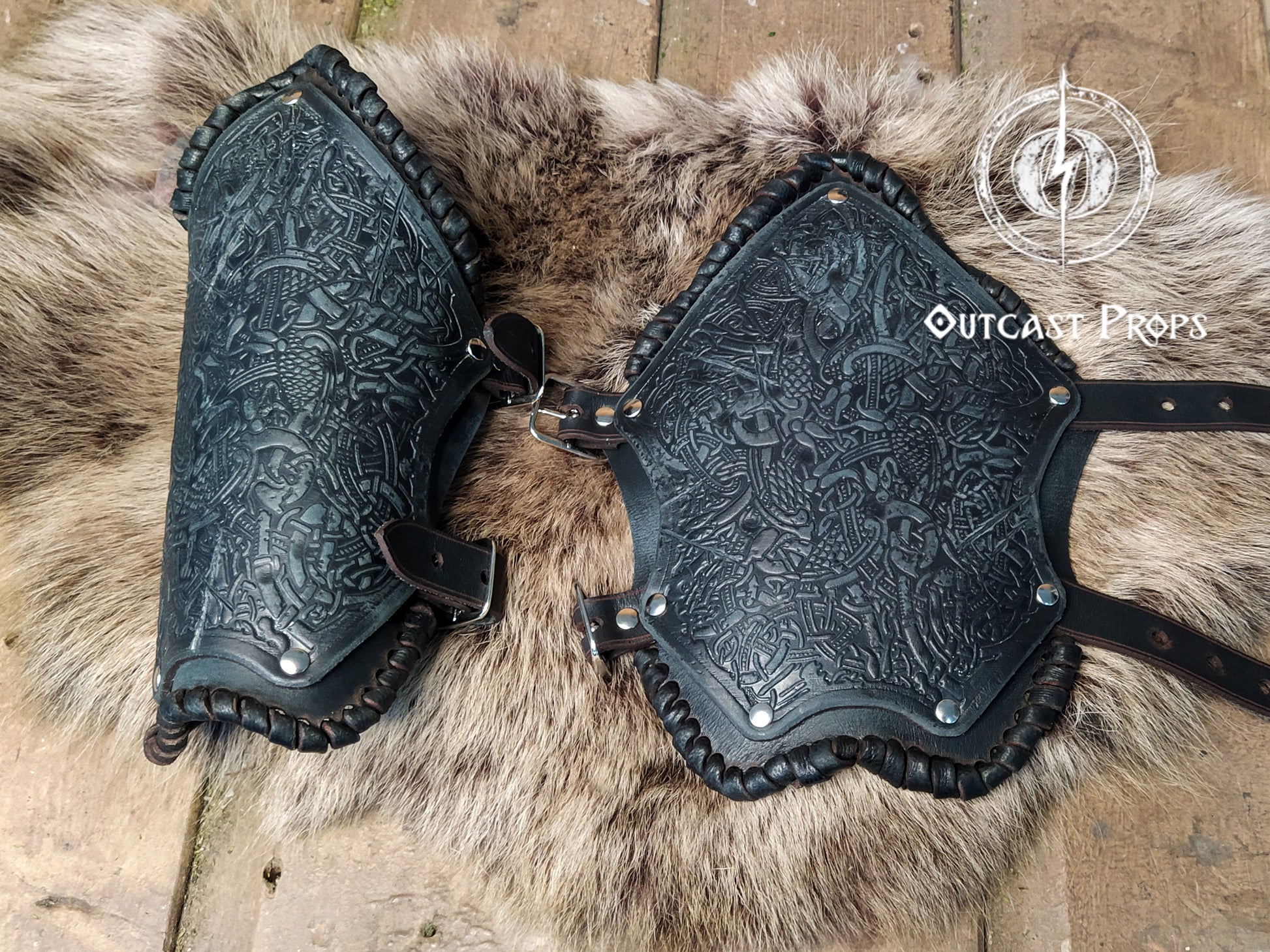 Viking Leather Bracers with Norse Knot Engraving for LARP Cosplay Medieval Fantasy Roleplay Handmade Armor Custom Gear for Men or Women