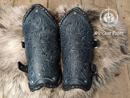 Viking Leather Bracers with Norse Knot Engraving for LARP Cosplay Medieval Fantasy Roleplay Handmade Armor Custom Gear for Men or Women