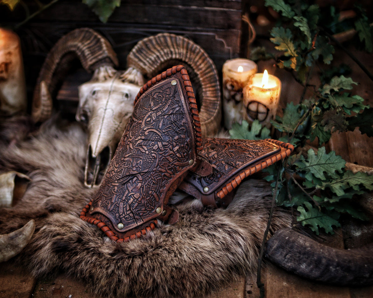 Viking Leather Bracers with Norse Knot Engraving for LARP Cosplay Medieval Fantasy Roleplay Handmade Armor Custom Gear for Men or Women.