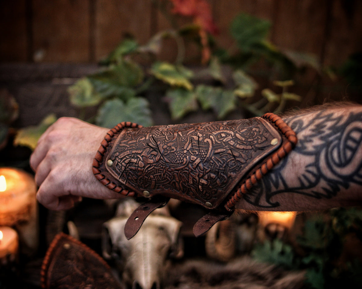 Viking Leather Bracers with Norse Knot Engraving for LARP Cosplay Medieval Fantasy Roleplay Handmade Armor Custom Gear for Men or Women