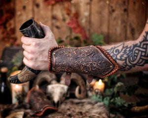 Viking Leather Bracers with Norse Knot Engraving for LARP Cosplay Medieval Fantasy Roleplay Handmade Armor Custom Gear for Men or Women