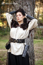 LARP-ready outfit with a cream peasant blouse, black adventurer leather belt, and dark gauntlets. The belt holds multiple pouches including a cylindrical scroll case with floral embossing. Ideal for fantasy characters, pirates, or steampunk alchemists, this wide belt offers comfort, adjustability, and functionality, letting you carry all your accessories without compromising on your character’s look.