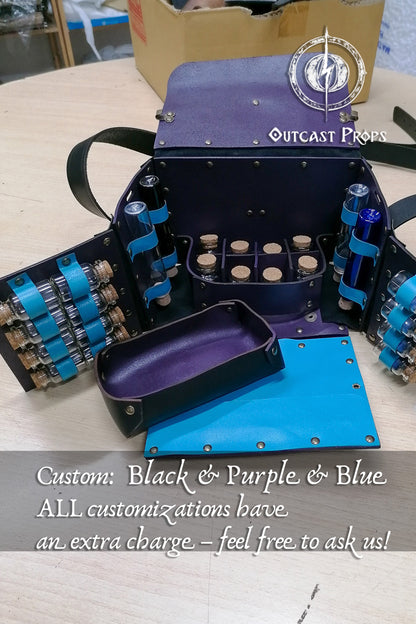 Blue and black prop case with customizable text on a table. Alchemist leather larp Bag Potion Set for steampunk, alchemist costume, mage, witch, chef, healer or assassin cosplay. Natural Leather Bag