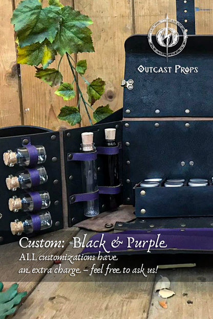 Black and purple prop box with bottles and leaves on a wooden background, featuring 'Outcast Props'. Alchemist leather larp Bag Potion Set for steampunk, alchemist costume, mage, witch, chef, healer or assassin cosplay. Natural Leather Bag