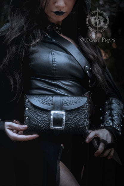 Arcane Hipbag Medieval Leather Hip Bag  Embossed and weathered in a premium style for Fantasy ren-fairs, cosplay, larp, fairies, renaissance