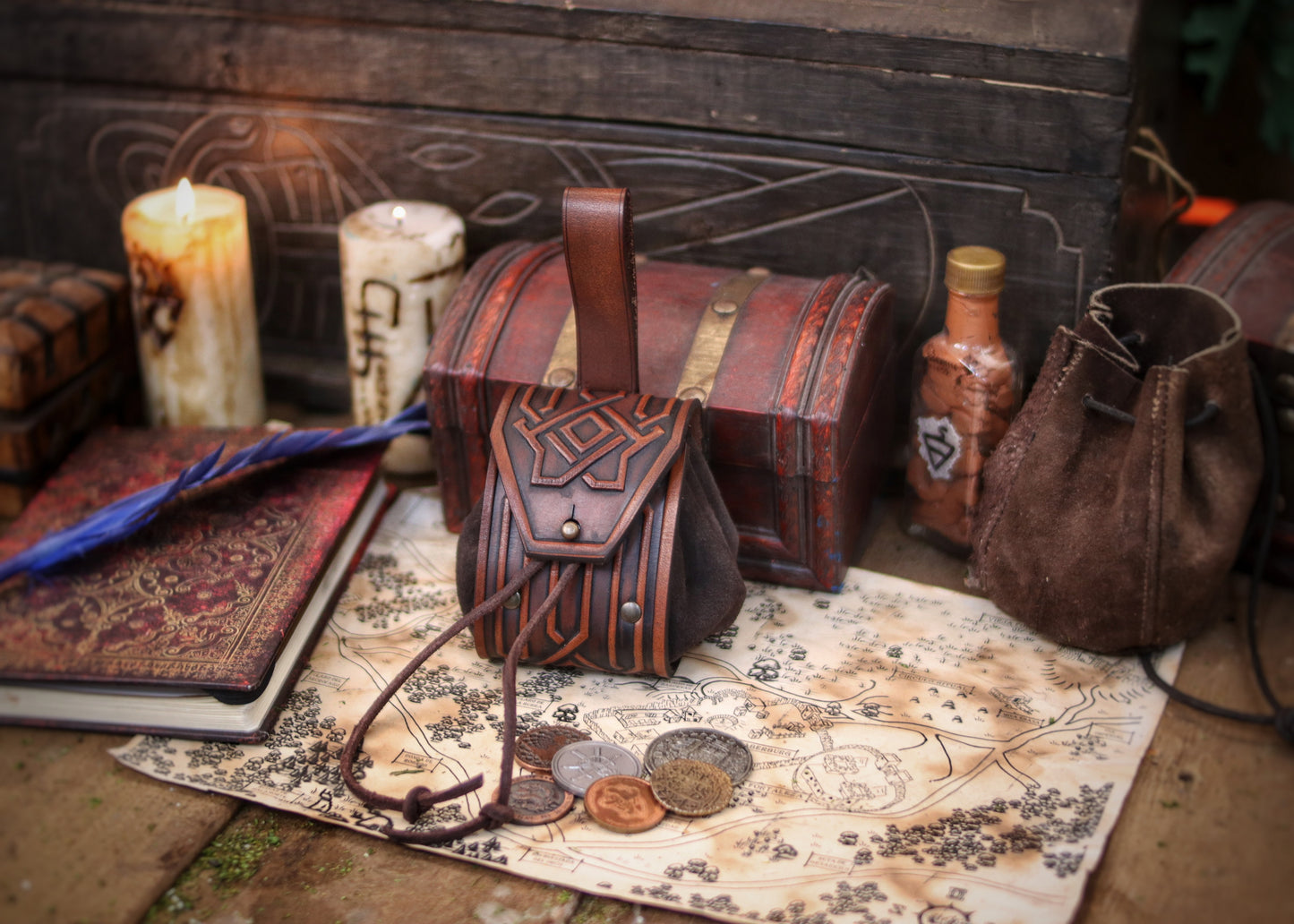 Decorated Leather coin or jewel pouch.