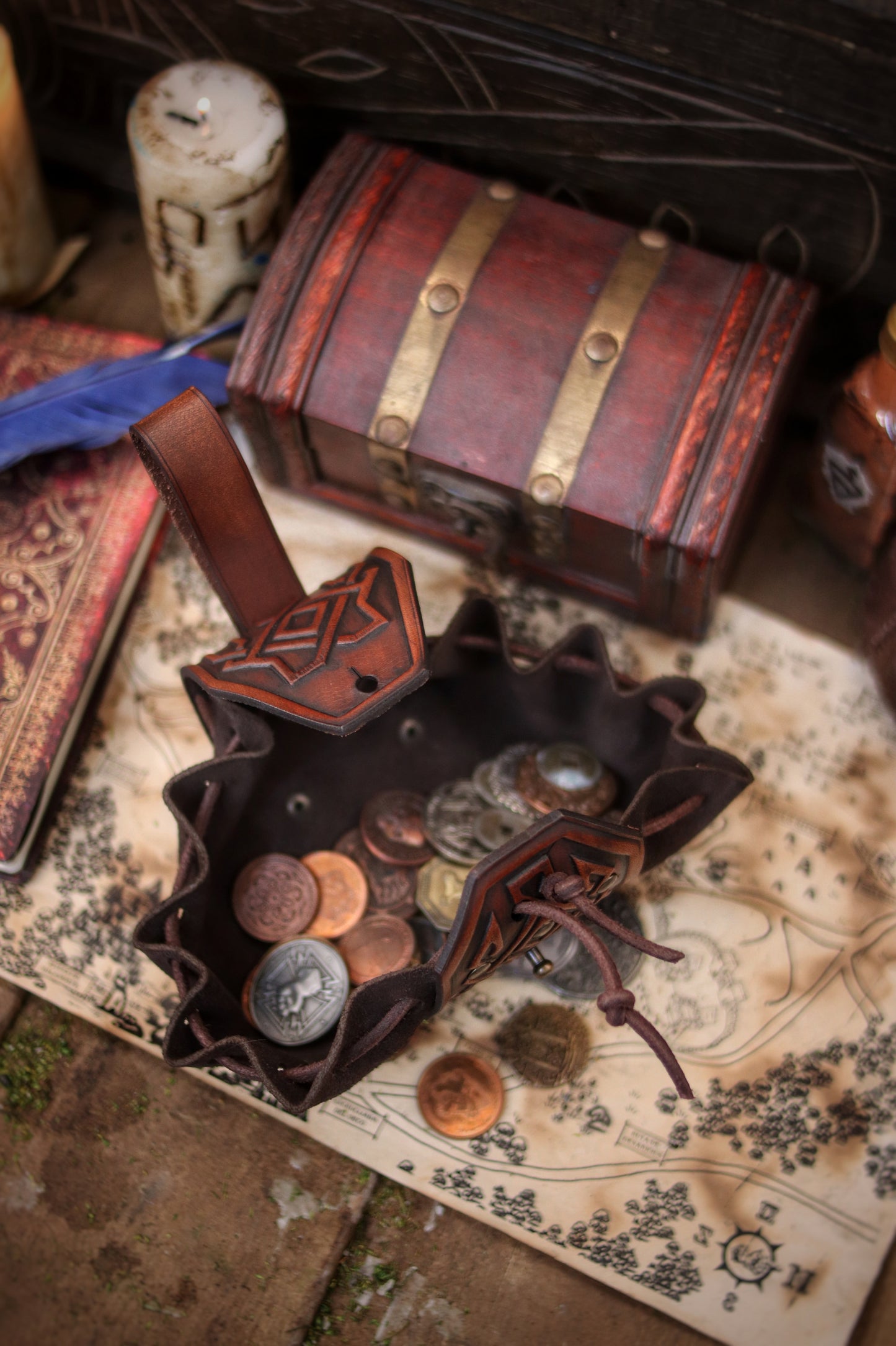 Decorated Leather coin or jewel pouch.