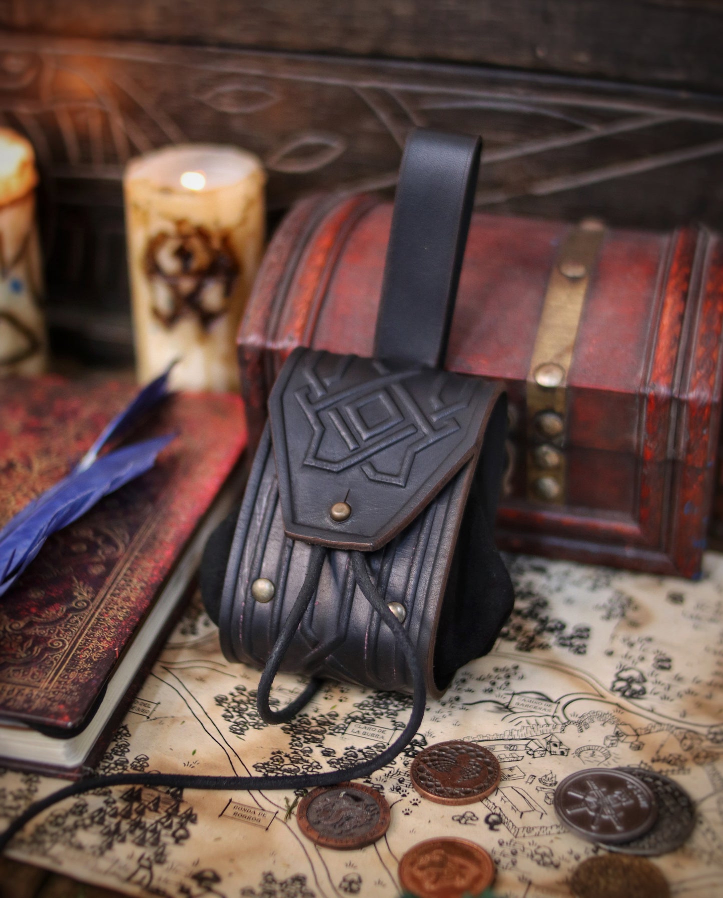 Decorated Leather coin or jewel pouch.