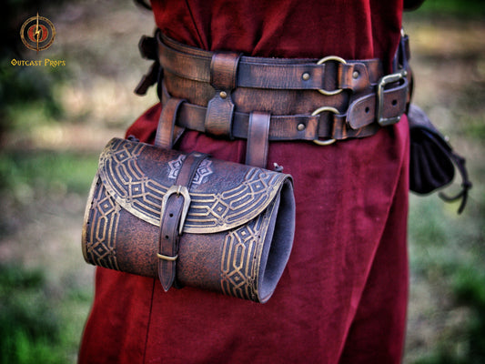 Kazgar Dwarven Hip Bag Medieval Leather Pouch Embossed and weathered in a vintage style, for dwarf or viking cosplay and fantasy costume.
