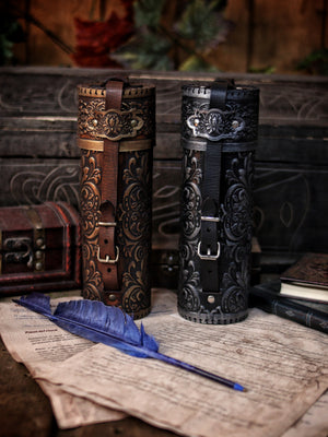 Ornated Leather Scroll Case: Exquisite document tube for cosplay and LARP, Messengers, Magicians, steampunk, reanaissance, fantasy costumes.