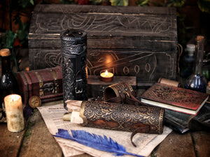 Ornated Leather Scroll Case: Exquisite document tube for cosplay and LARP, Messengers, Magicians, steampunk, reanaissance, fantasy costumes.