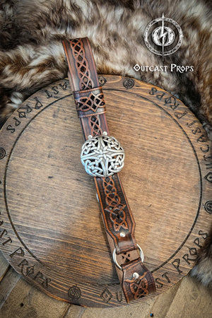Celtic Leather Belt for LARP, Renaissance Faire and Cosplay – Wide Belt with Celtic Knot Metal Buckle – Brown or Green