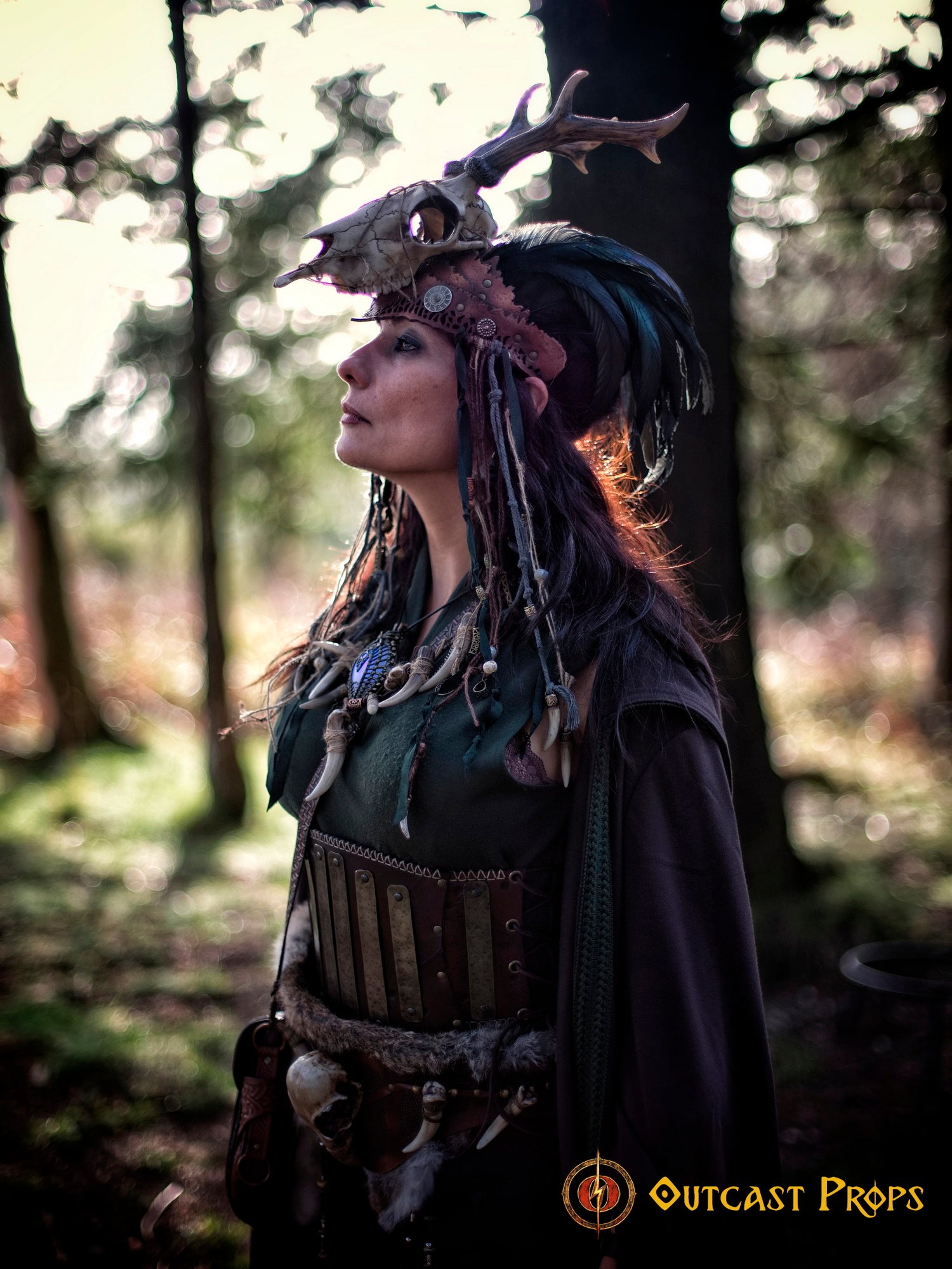 Beltane Headpiece tribal deer horns skull and feathers tiara leather and resin