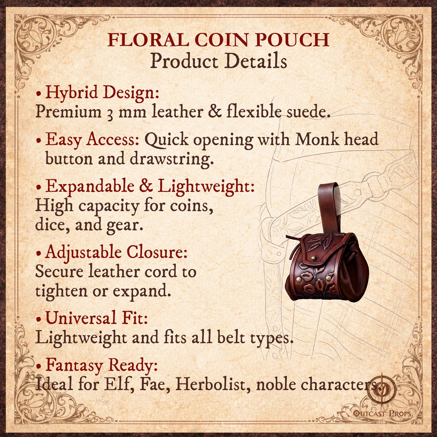 Leather Elven Belt Pouch Renaissance Faire Leaf Pouch LARP Coin Pouch Medieval Belt Bag Fantasy Cosplay Ranger Drawstring Leather Dice Bag