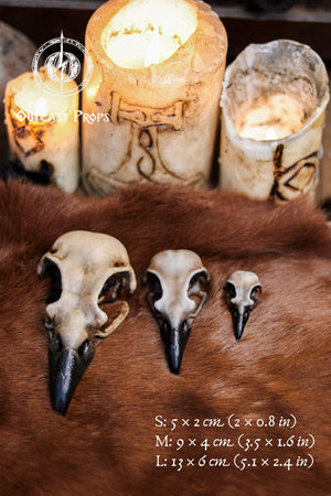 Three resin crow skull replicas in sizes S, M and L are displayed on a brown fur surface with carved candles glowing in the background. The faux bone raven skull replicas show detailed hand painted aged bone texture and dark beaks. Size measurements are written on the image for clarity. This atmospheric setup evokes gothic decor, oddities decor and faux taxidermy art, perfect for jewelry craft components, cosplay props and LARP accessories.