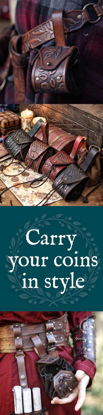 Leather Viking Belt Pouch Medieval Coin Pouch LARP Ren Faire Belt Bag Fantasy Dice Pouch Leather Celtic Cosplay Accessories Dwarf Gear
