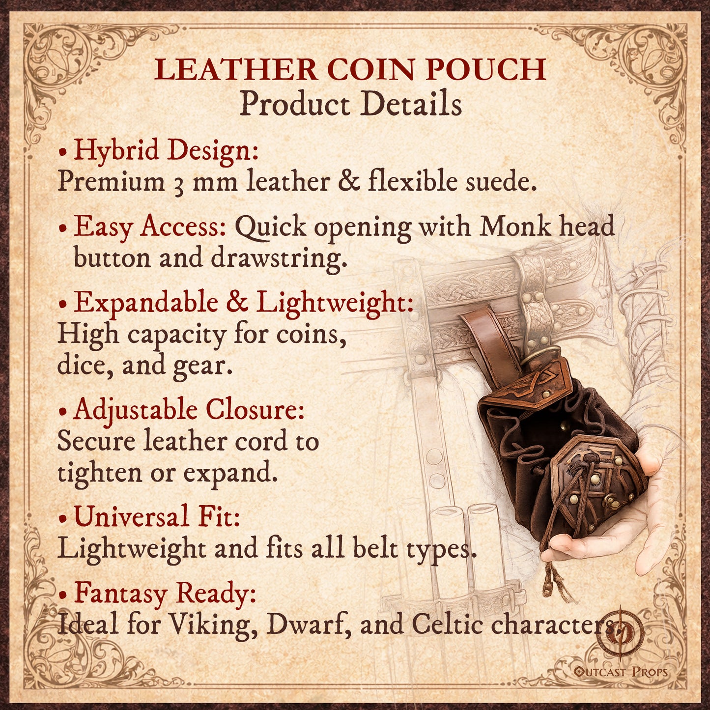 Leather Viking Belt Pouch Medieval Coin Pouch LARP Ren Faire Belt Bag Fantasy Dice Pouch Leather Celtic Cosplay Accessories Dwarf Gear