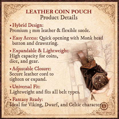 Leather Viking Belt Pouch Medieval Coin Pouch LARP Ren Faire Belt Bag Fantasy Dice Pouch Leather Celtic Cosplay Accessories Dwarf Gear