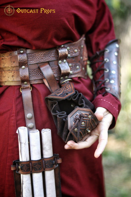 Leather coin pouch with Celtic or Viking embossing, leather jewel belt bag for larp, steampunk, cosplay or fantasy costume.