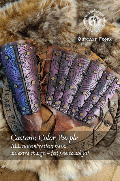 Close-up of purple demon hunter leather bracer worn on a male arm, showing tied leather cords and engraved symbols of protection. Ideal for LARP spellcasters, cultist costumes or witch cosplay. Made from durable leather, dyed and painted by hand for fantasy realism. A comfortable, adjustable accessory that combines dark mysticism with functional design.