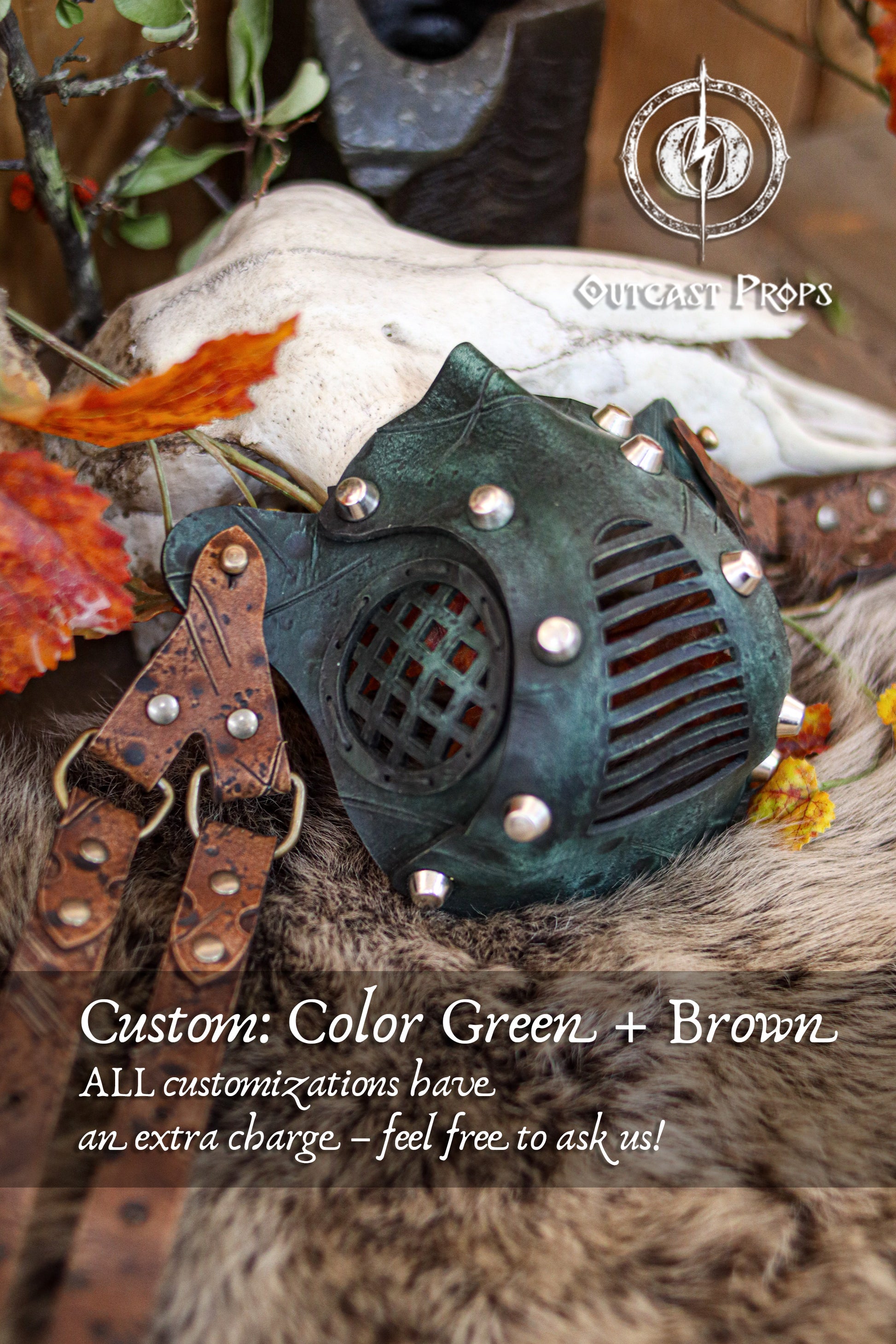 Steampunk-style mask with green and brown color scheme, featuring 'Gothic Props' branding. Face Mask Post Apocalyptic leather mask mad max diesel punk wasteland burning man protect Dystopian armor steampunk