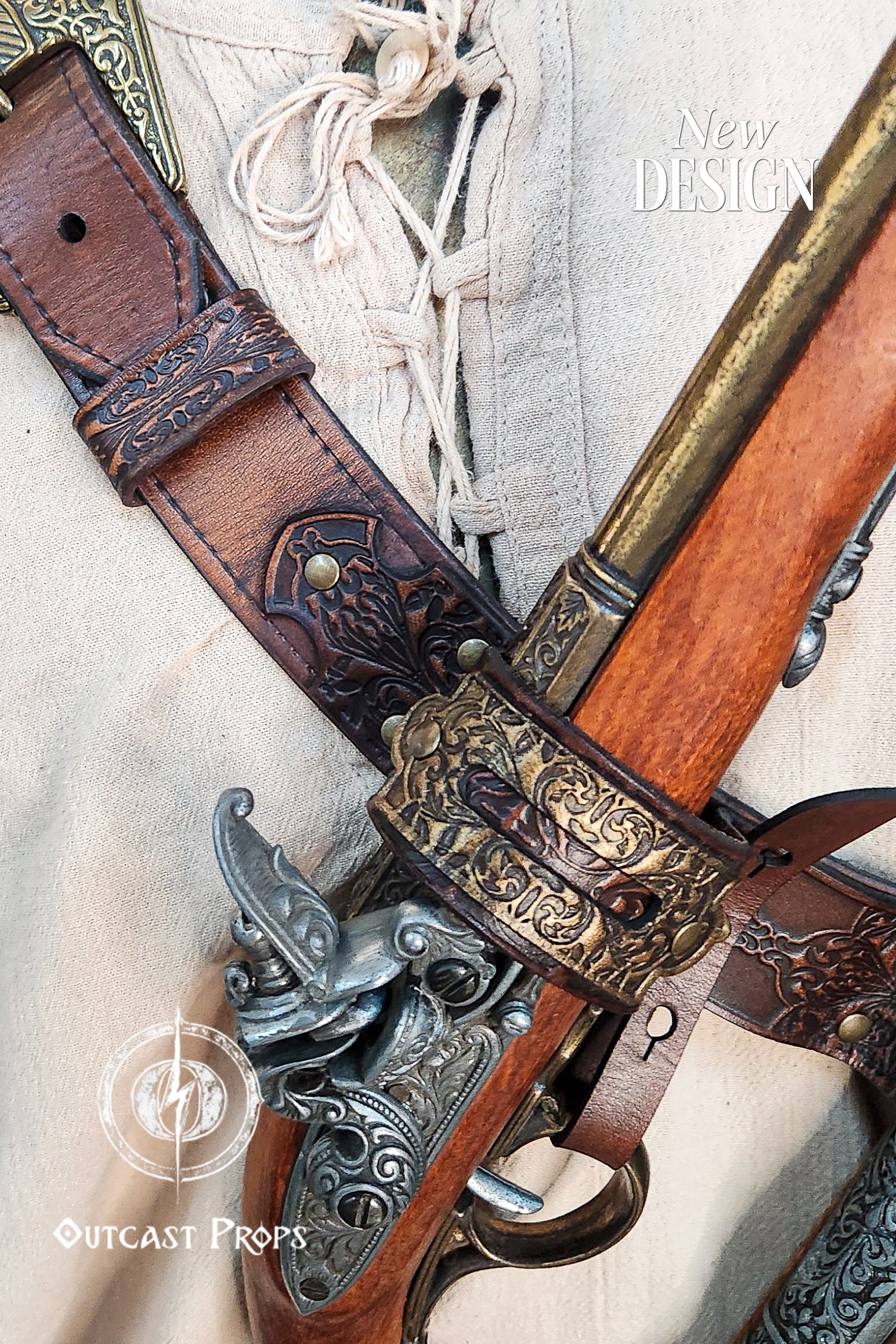 Macro view of the embossed leather gun holster on a pirate-style baldric. The floral embossing is combined with aged gold hardware, showcasing artisan craftsmanship. The detailed design evokes the aesthetics of pirate captains and steampunk adventurers. This accessory is crafted from vegetable-tanned leather and aged for a realistic finish, perfect for cosplay, LARP, and Renaissance outfits.