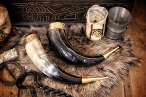 Drinking Horn with Brass Rim 30-35cm & Iron Stand