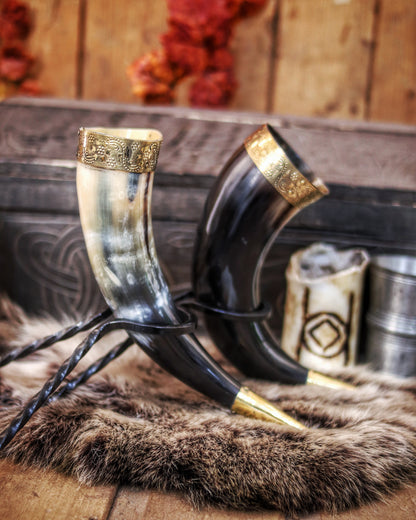 Drinking Horn with Brass Rim 30-35cm & Iron Stand