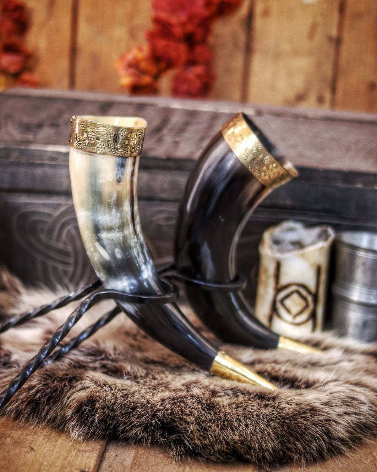 Drinking Horn with Brass Rim 30-35cm & Iron Stand